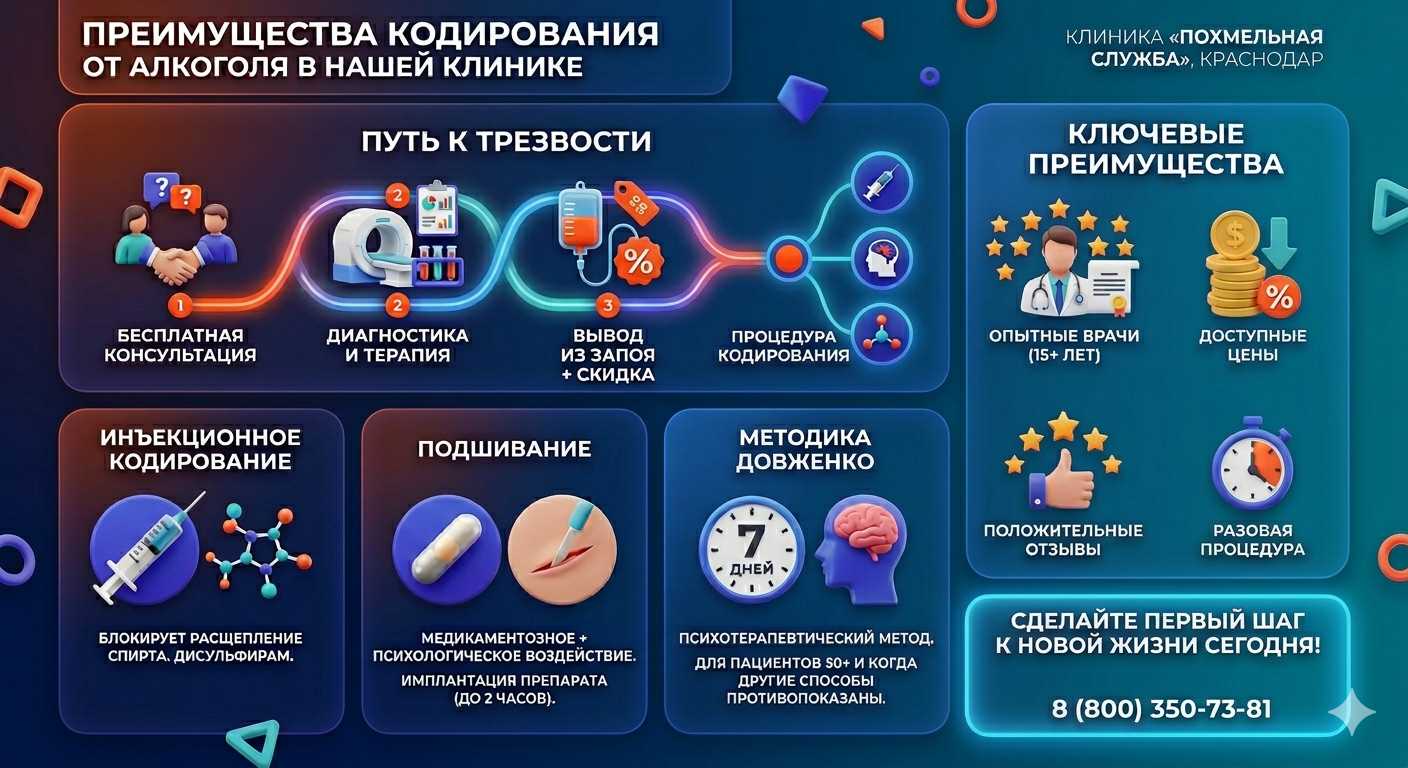 Инфографика о методах кодирования от алкоголя в Рыбинске: инъекции, подшивание, метод Довженко. Преимущества клиники и этапы лечения.