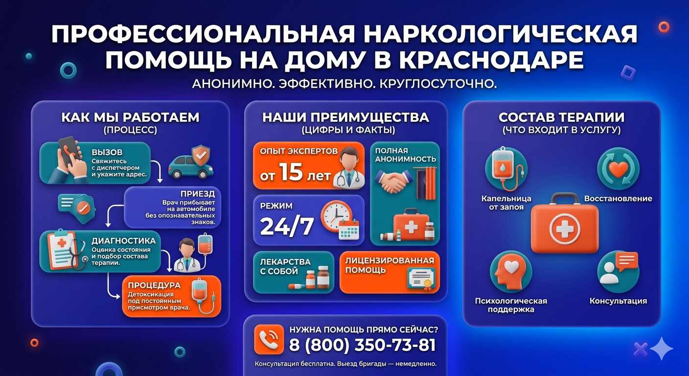 Инфографика о принципах лечения алкоголизма на дому в Рыбинске: этапы вызова нарколога, преимущества анонимной детоксикации и состав медицинской помощи.